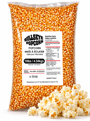 Bullseye yellow butterfly popcorn 10 lb bag with popped popcorn
