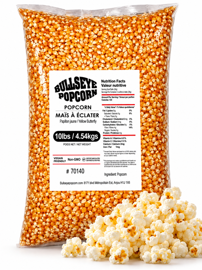 Bullseye yellow butterfly popcorn 10 lb bag with popped popcorn