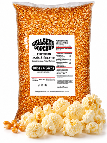 Bullseye mushroom popcorn 10lbs bag with popped popcorn